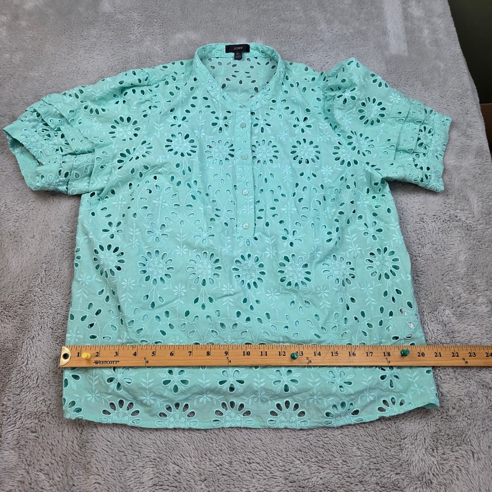J.Crew Eyelet Short Sleeve Ruffle Top Womens XL Floral Henley Aqua Mint Green